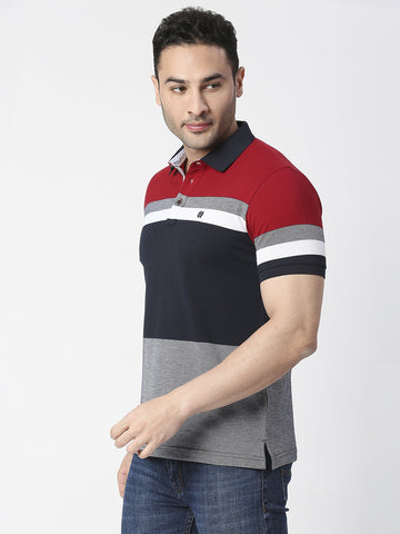 Red & Grey Colour Blocked Pique Polo T-shirt