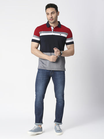 Red & Grey Colour Blocked Pique Polo T-shirt