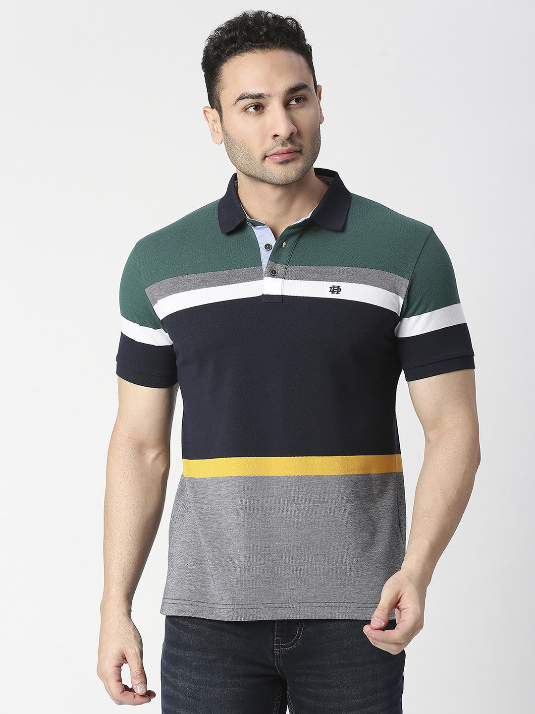 Bottle Green Multi Colour Block Pique Polo T-shirt