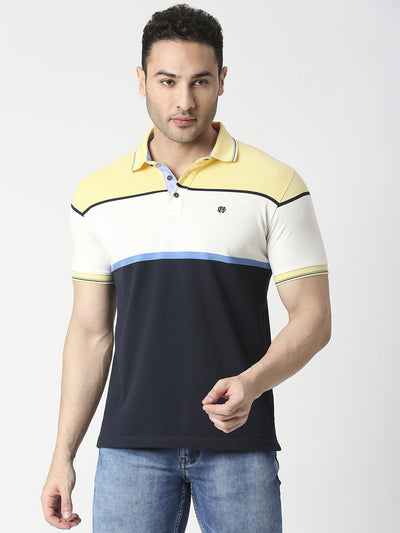 Lemon Yellow & Navy Pique Striped Polo T-shirt