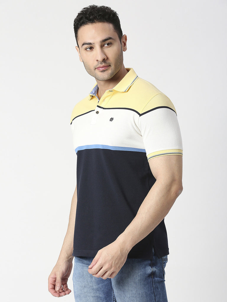 Lemon Yellow & Navy Pique Striped Polo T-shirt