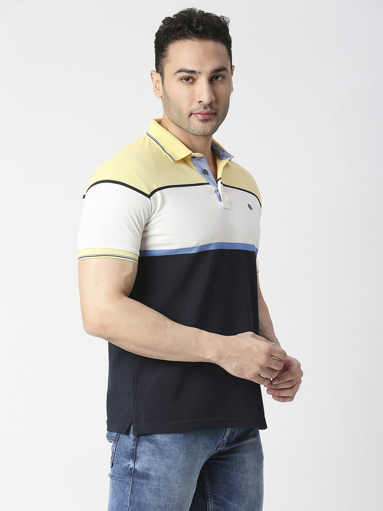 Lemon Yellow & Navy Pique Striped Polo T-shirt