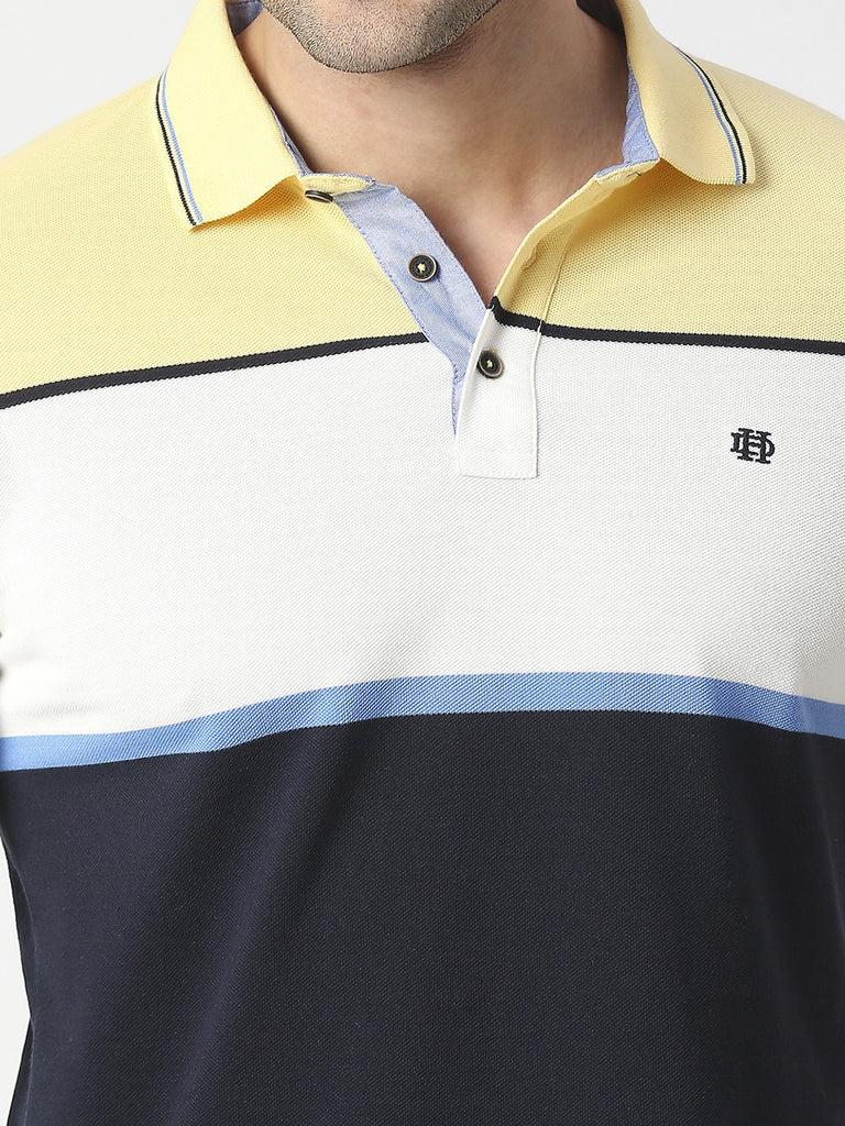 Lemon Yellow & Navy Pique Striped Polo T-shirt