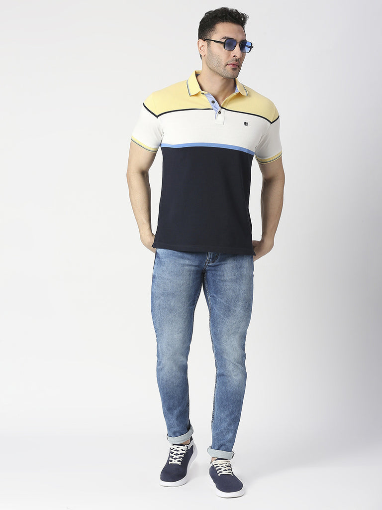 Lemon Yellow & Navy Pique Striped Polo T-shirt