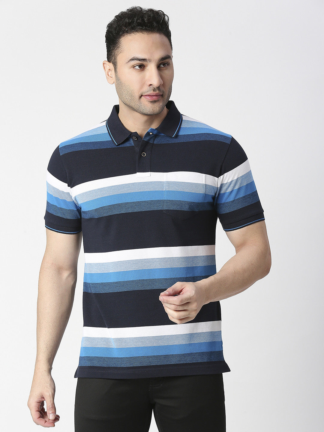 Navy Blue Striped Pique Polo T-shirt With Pocket