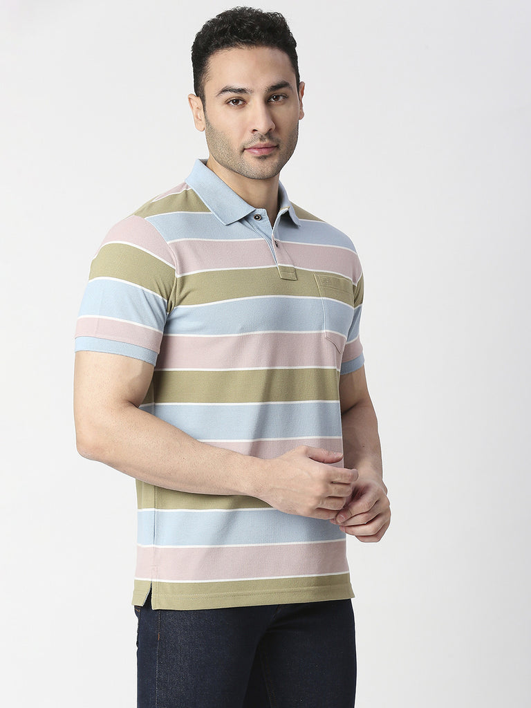 Pastel Striped Pique Polo T-shirt With Pocket