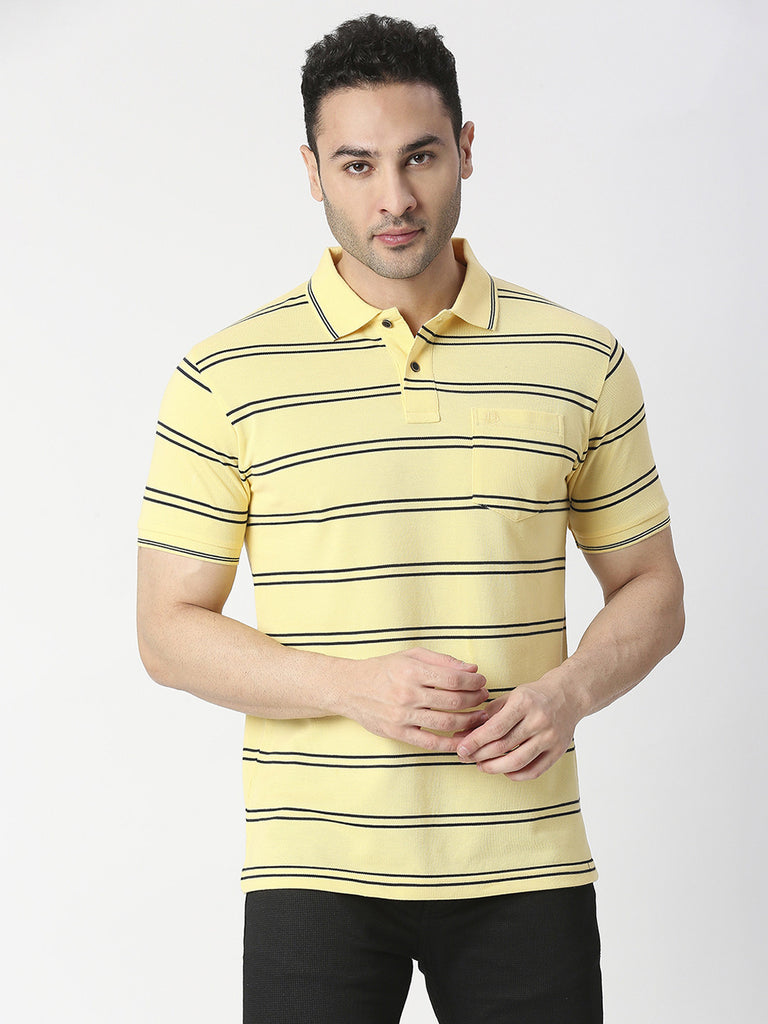 Lemon Yellow Striped Pique Polo T-shirt with Pocket