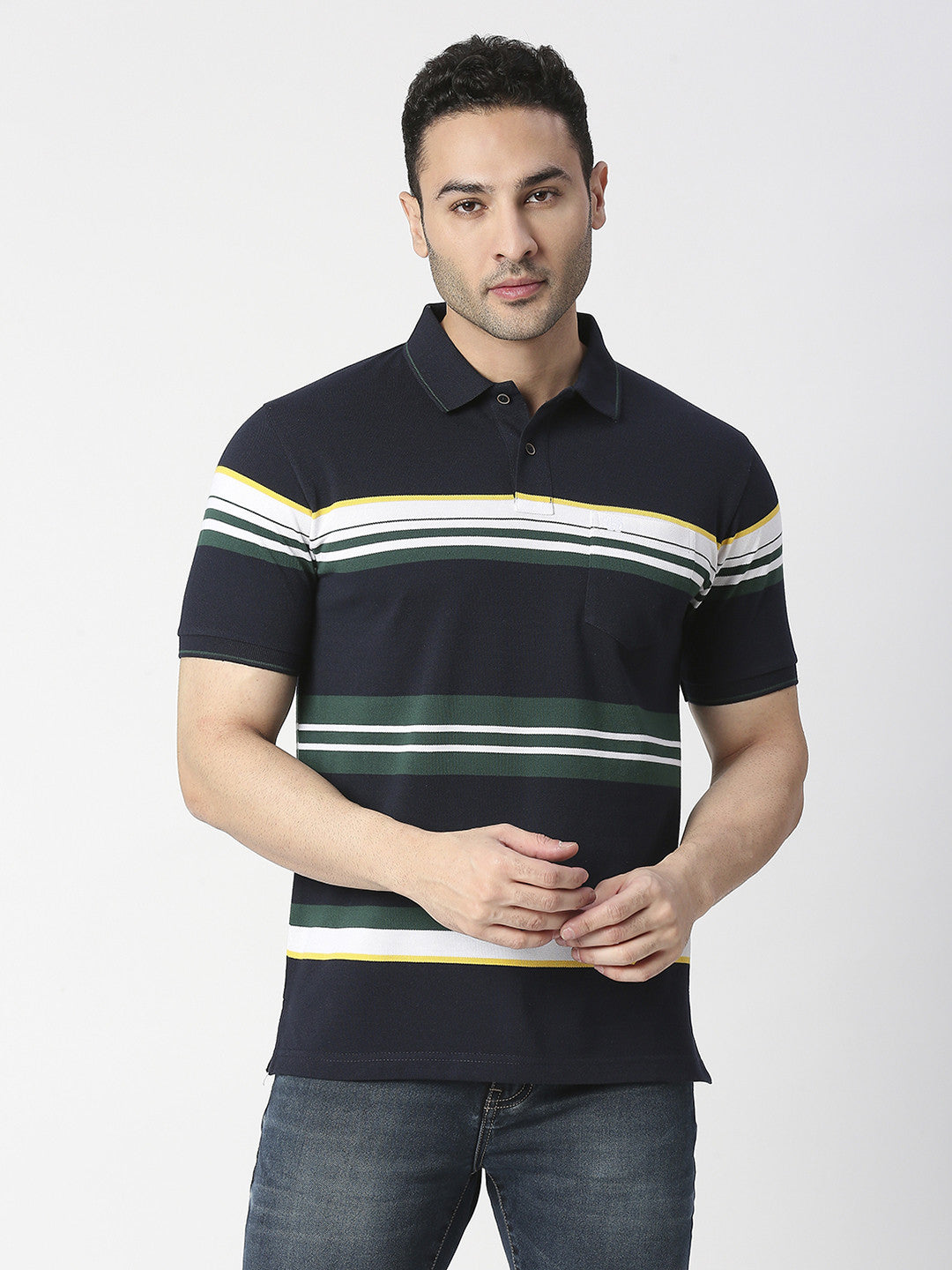 Navy Blue Striped Pique Polo T-shirt with Pocket