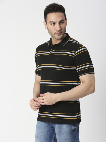 Black Striped Pique Polo T-shirt With Pocket