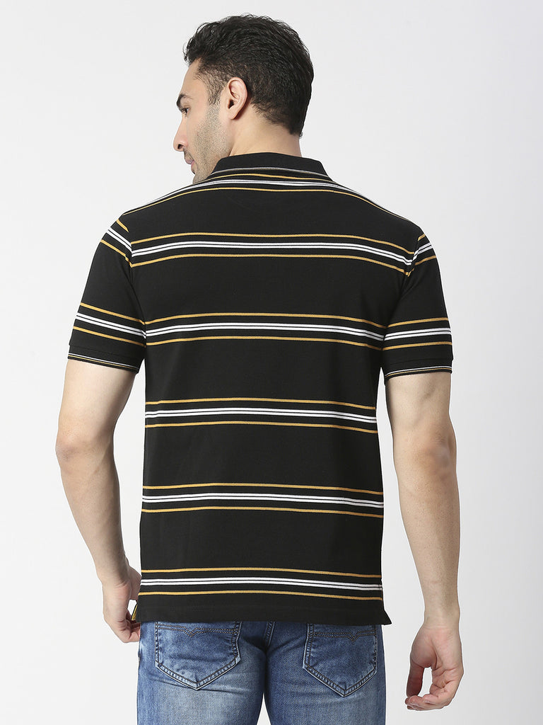 Black Striped Pique Polo T-shirt With Pocket