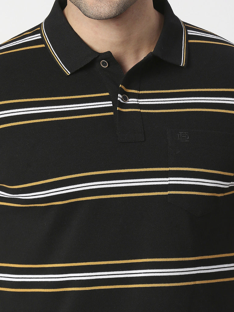 Black Striped Pique Polo T-shirt With Pocket