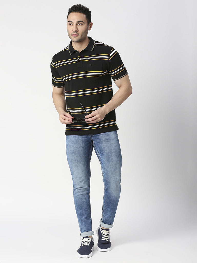 Black Striped Pique Polo T-shirt With Pocket