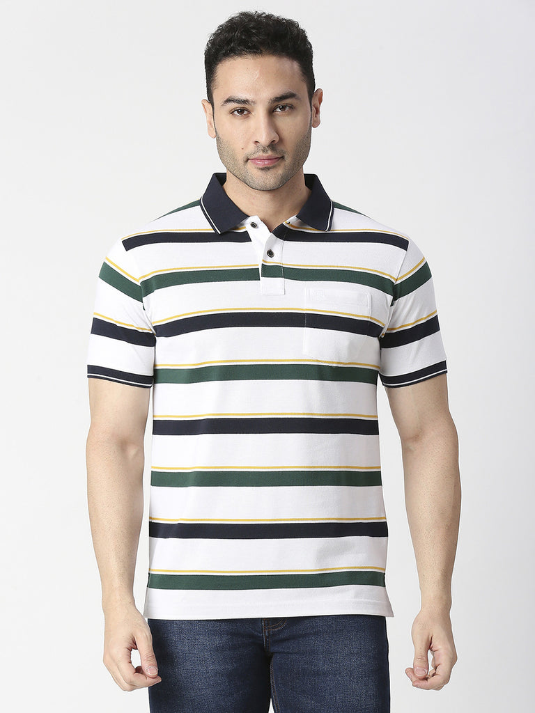 White Striped Polo Pique T-shirt With Pocket