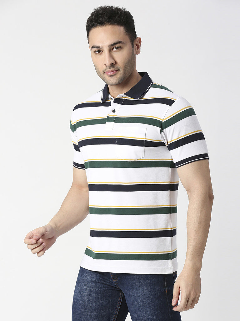 White Striped Polo Pique T-shirt With Pocket