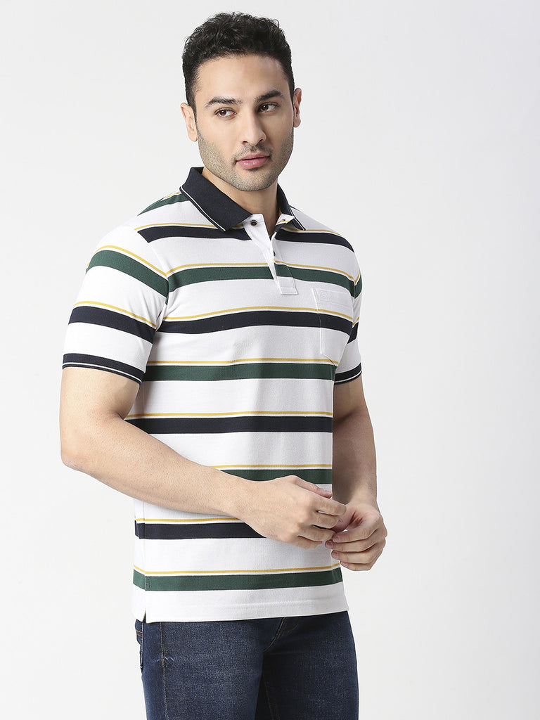 White Striped Polo Pique T-shirt With Pocket