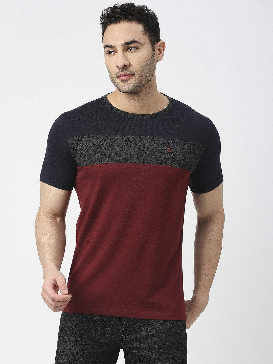 Maroon Jersey Lycra Colour Blocked Round Neck T-shirt