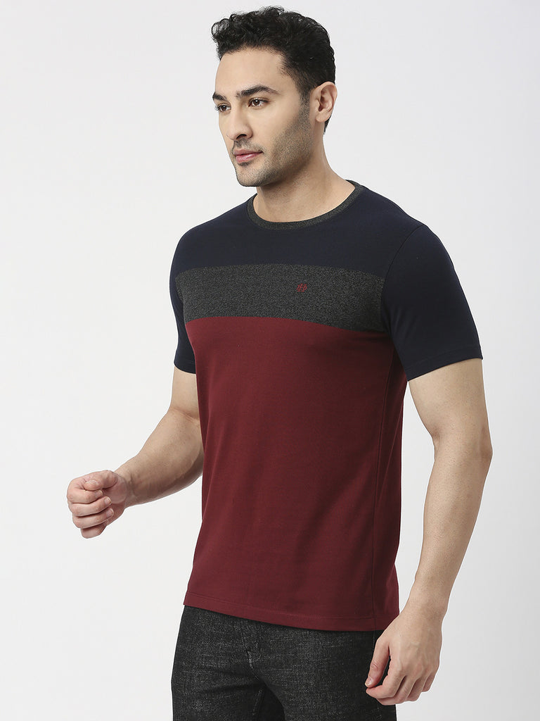 Maroon Jersey Lycra Colour Blocked Round Neck T-shirt