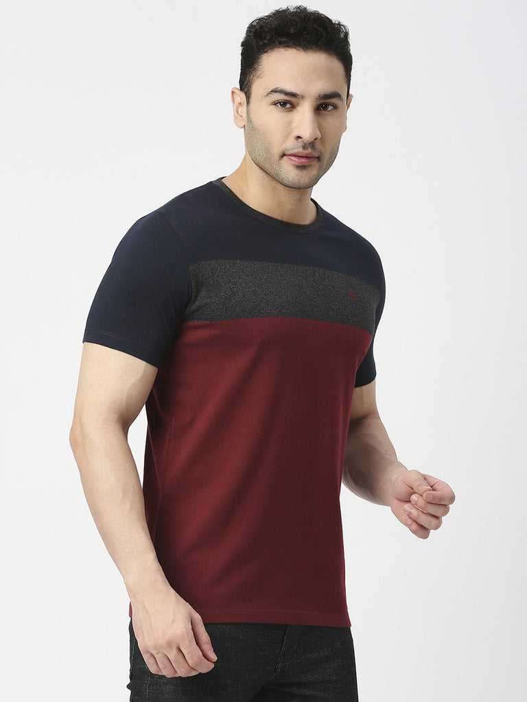 Maroon Jersey Lycra Colour Blocked Round Neck T-shirt