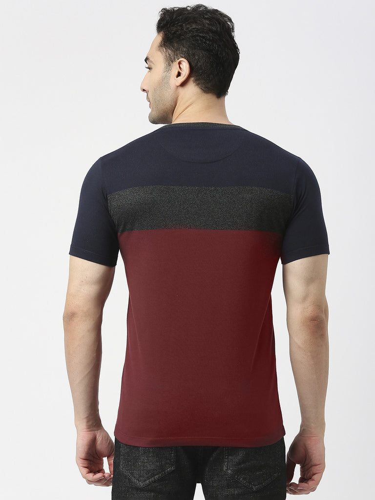 Maroon Jersey Lycra Colour Blocked Round Neck T-shirt