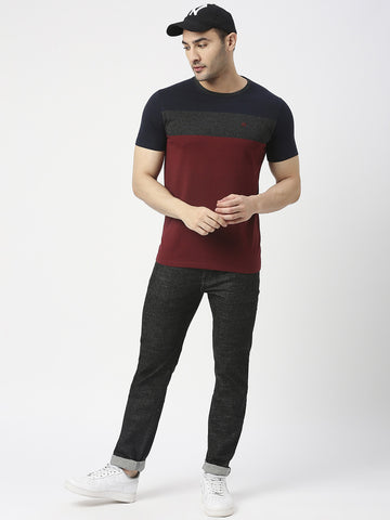 Maroon Jersey Lycra Colour Blocked Round Neck T-shirt