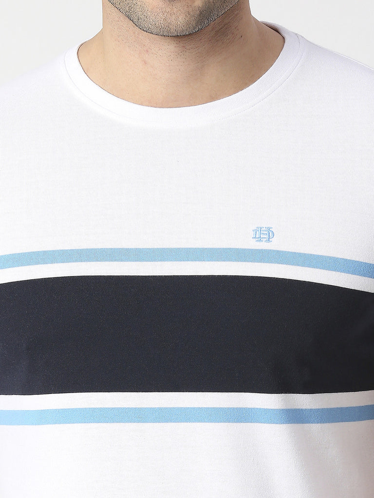 Navy Blue & White Striped Round Neck T-shirt