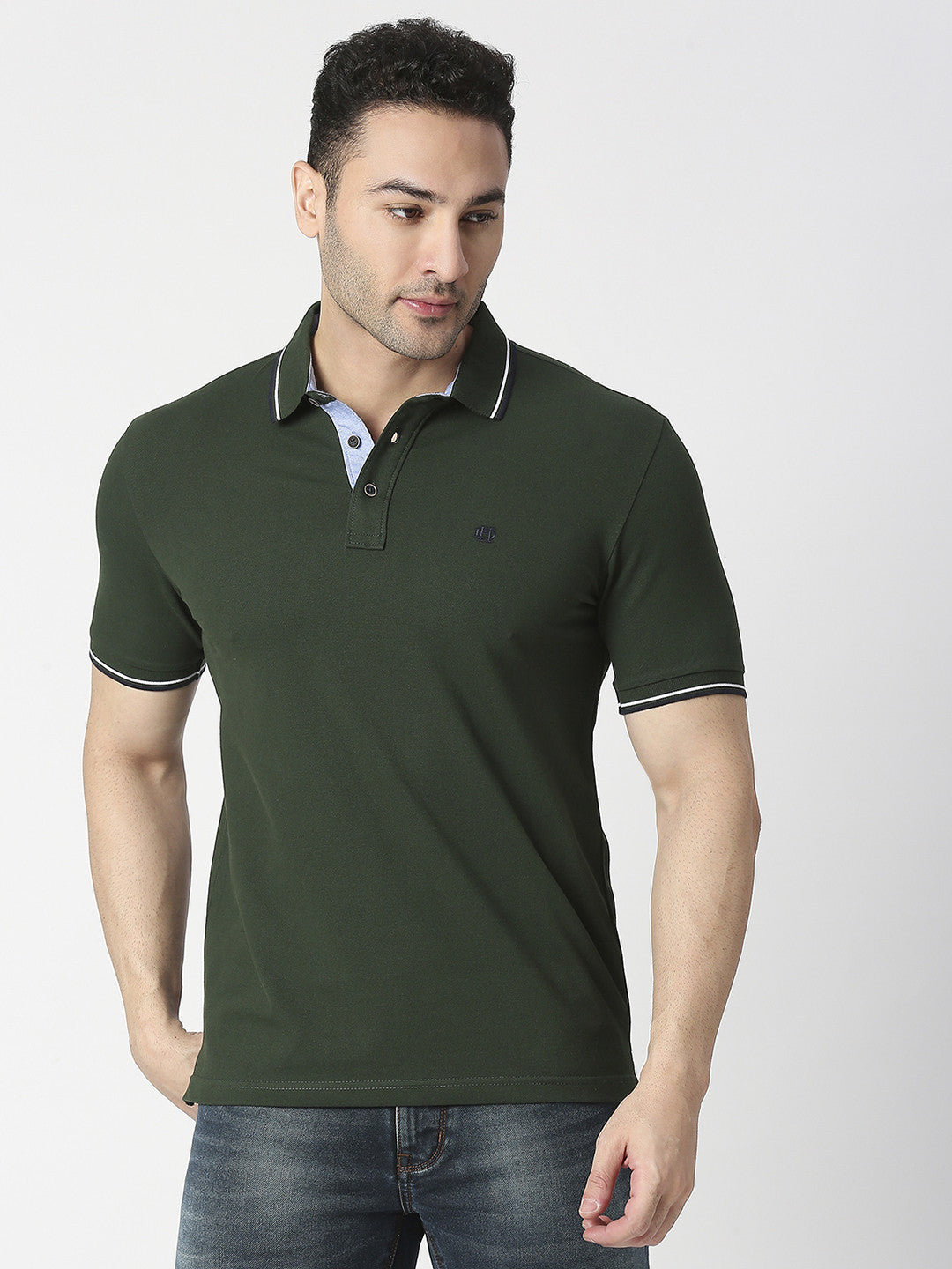 Bottle Green Pique Lycra Polo T-shirt With Tipping Collar