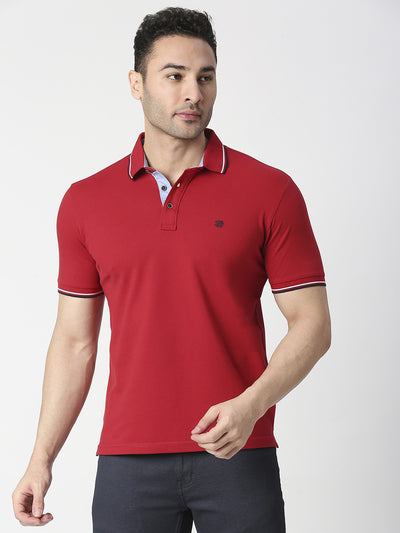 Red Pique Lycra Polo T-shirt With Tipping Collar