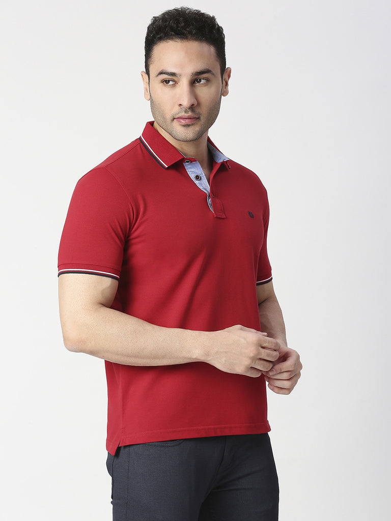 Red Pique Lycra Polo T-shirt With Tipping Collar