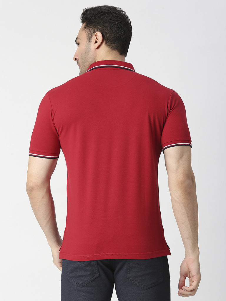 Red Pique Lycra Polo T-shirt With Tipping Collar