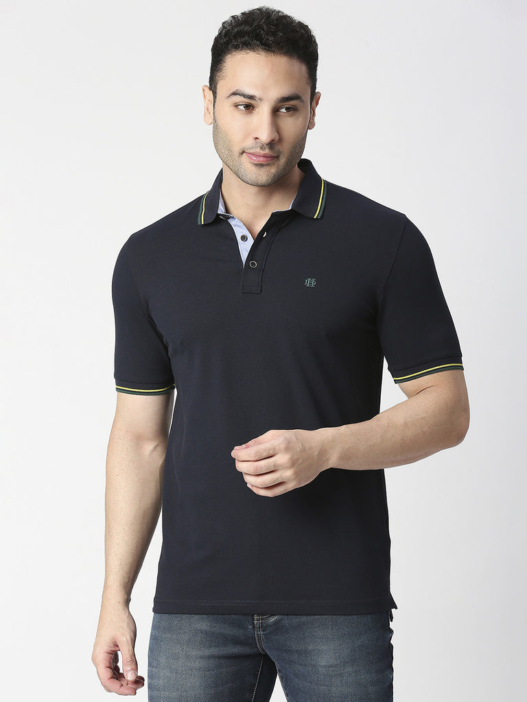 Navy Blue Pique Polo T-shirt With Tipping collar