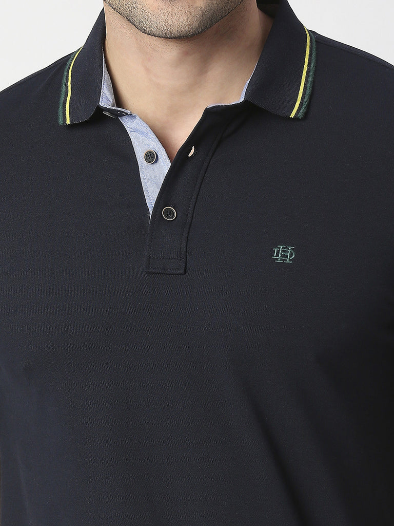 Navy Blue Pique Polo T-shirt With Tipping collar