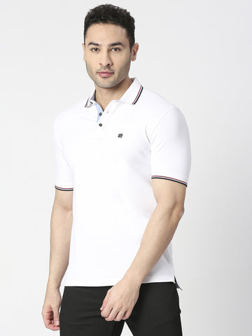 White Pique Lycra Polo T-shirt With Tipping Collar