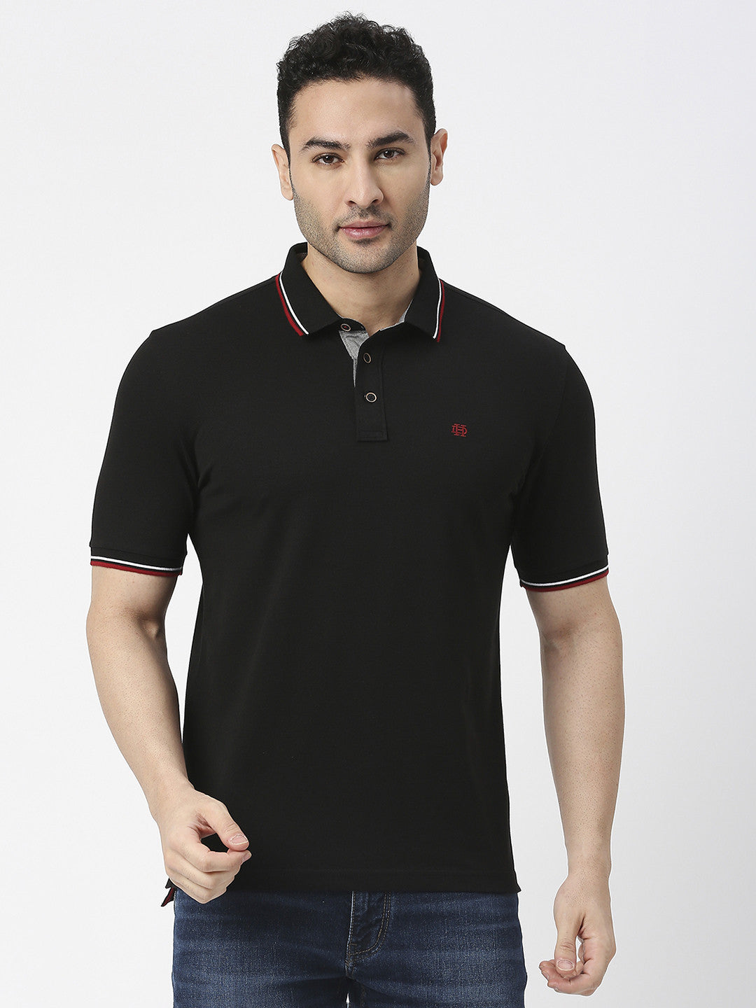 Black Pique Lycra Polo T-shirt With Tipping Collar