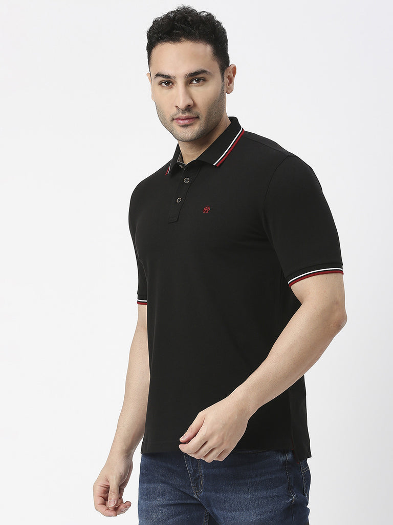 Black Pique Lycra Polo T-shirt With Tipping Collar