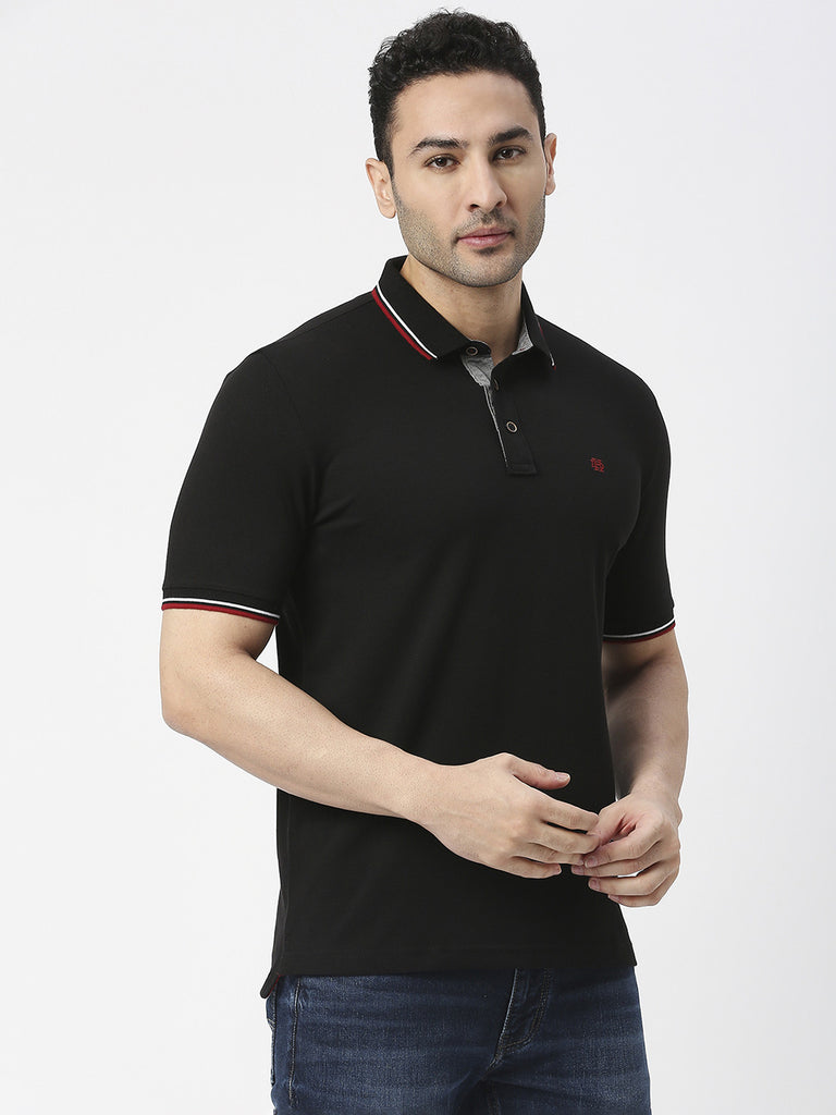 Black Pique Lycra Polo T-shirt With Tipping Collar