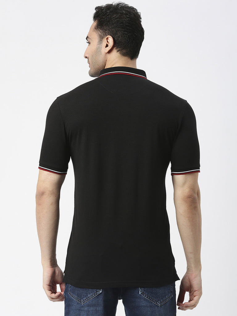 Black Pique Lycra Polo T-shirt With Tipping Collar