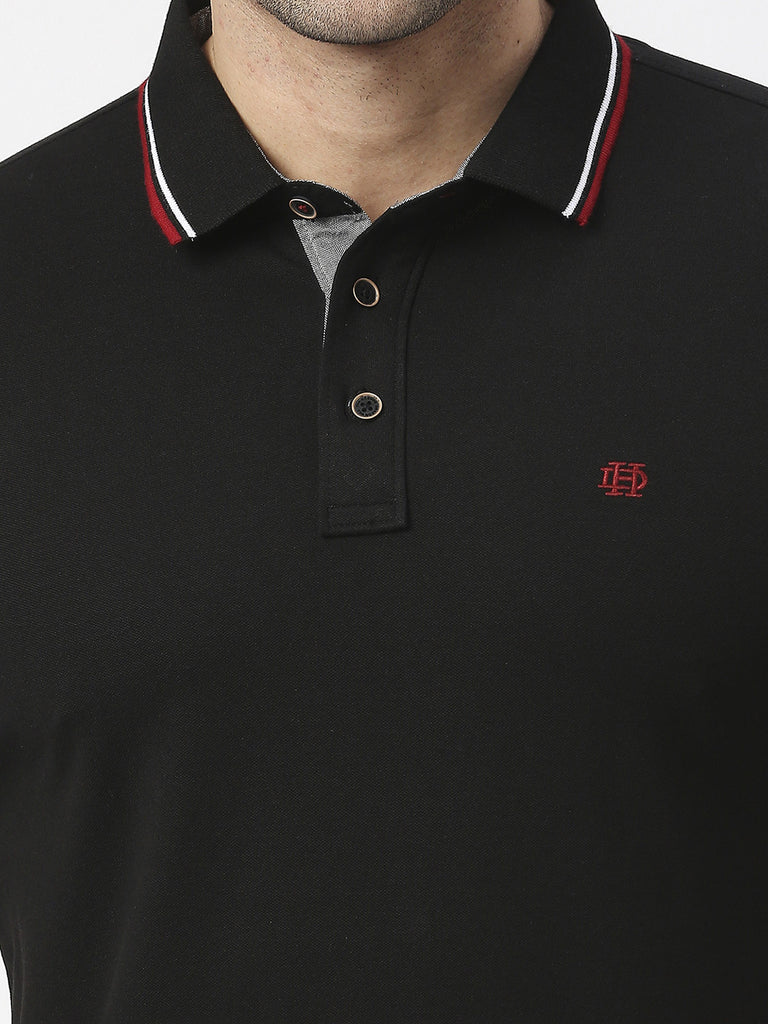 Black Pique Lycra Polo T-shirt With Tipping Collar