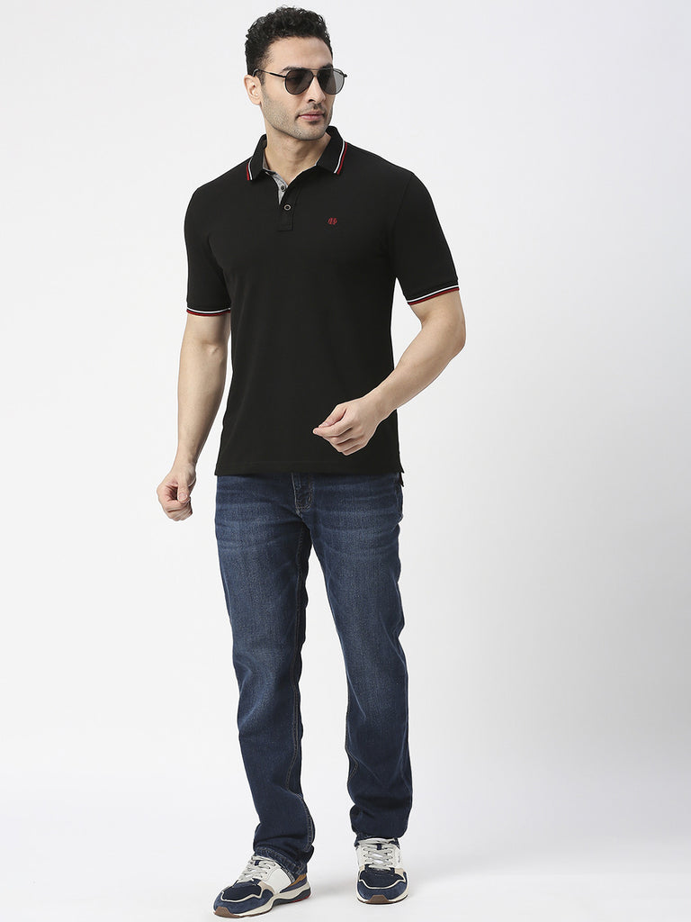 Black Pique Lycra Polo T-shirt With Tipping Collar