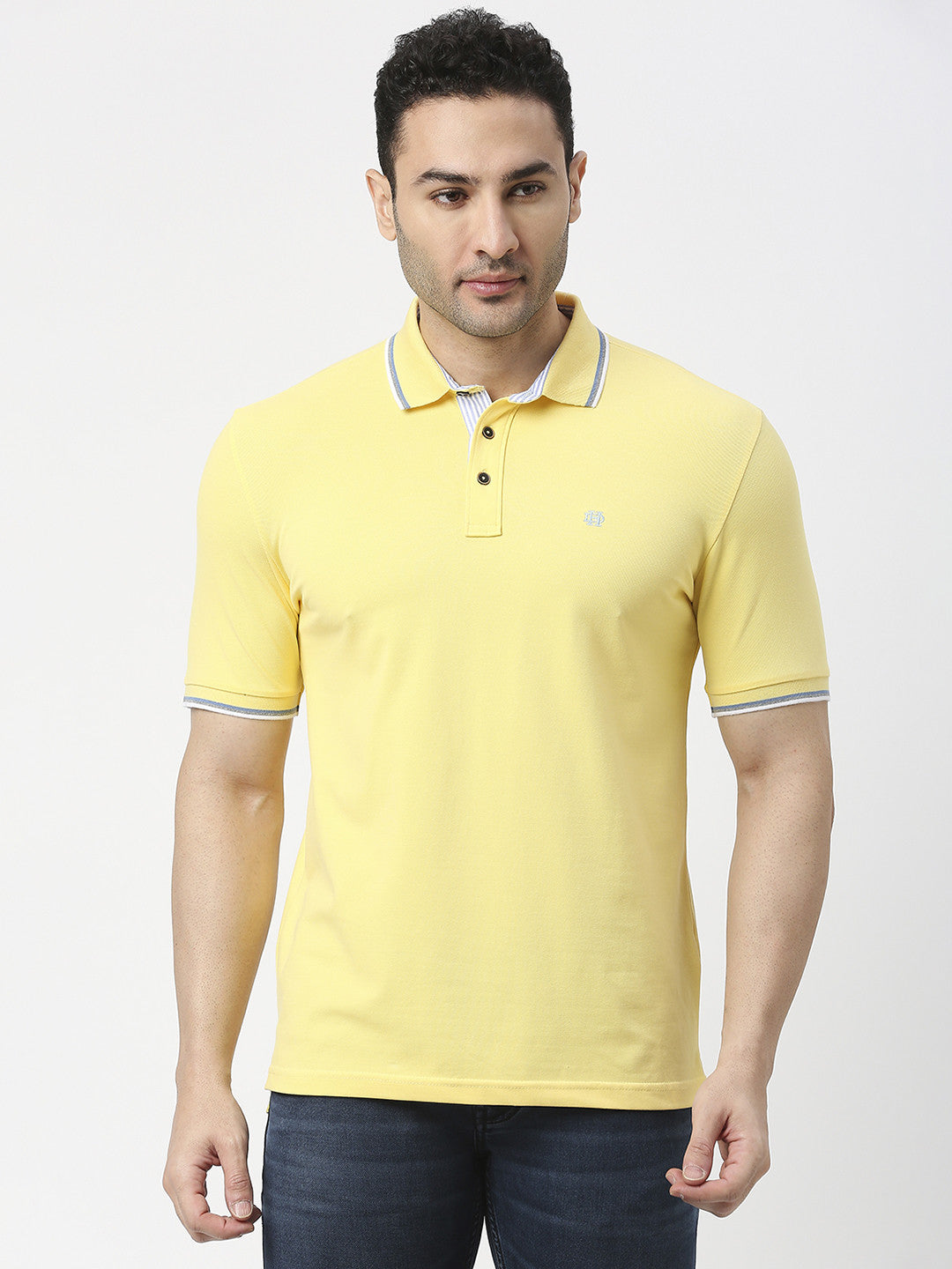 Lemon Yellow Cotton Pique Lycra Polo T-shirt With Tipping Collar