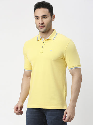Lemon Yellow Cotton Pique Lycra Polo T-shirt With Tipping Collar