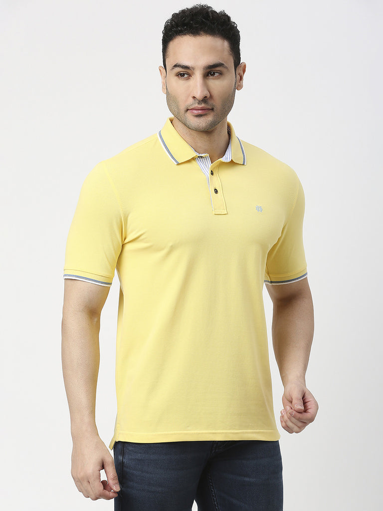 Lemon Yellow Cotton Pique Lycra Polo T-shirt With Tipping Collar
