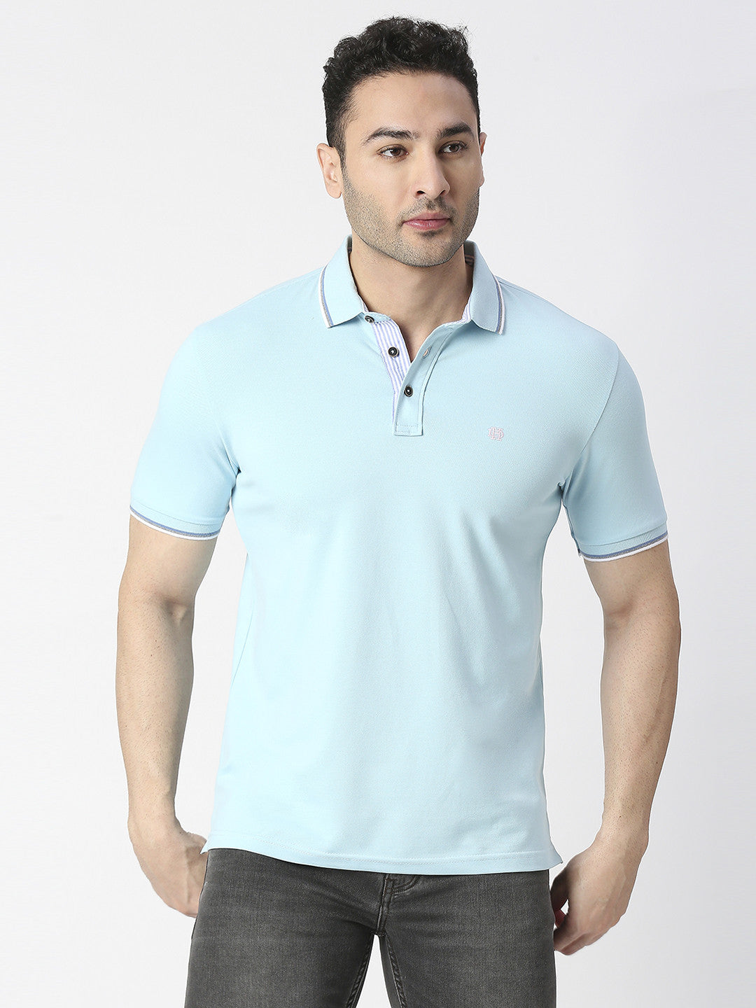 Sky Blue Pique Lycra Polo T-shirt With Tipping Collar