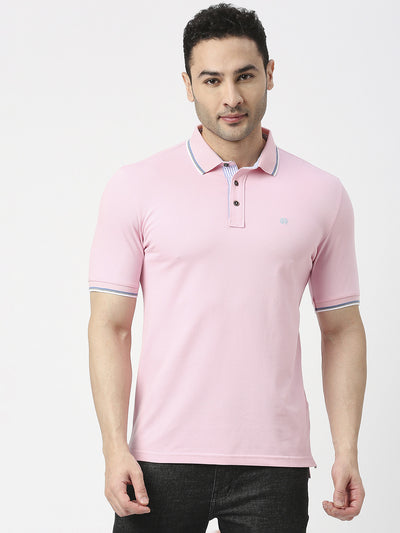 Pink Pique Lycra Polo T-shirt With Tipping Collar