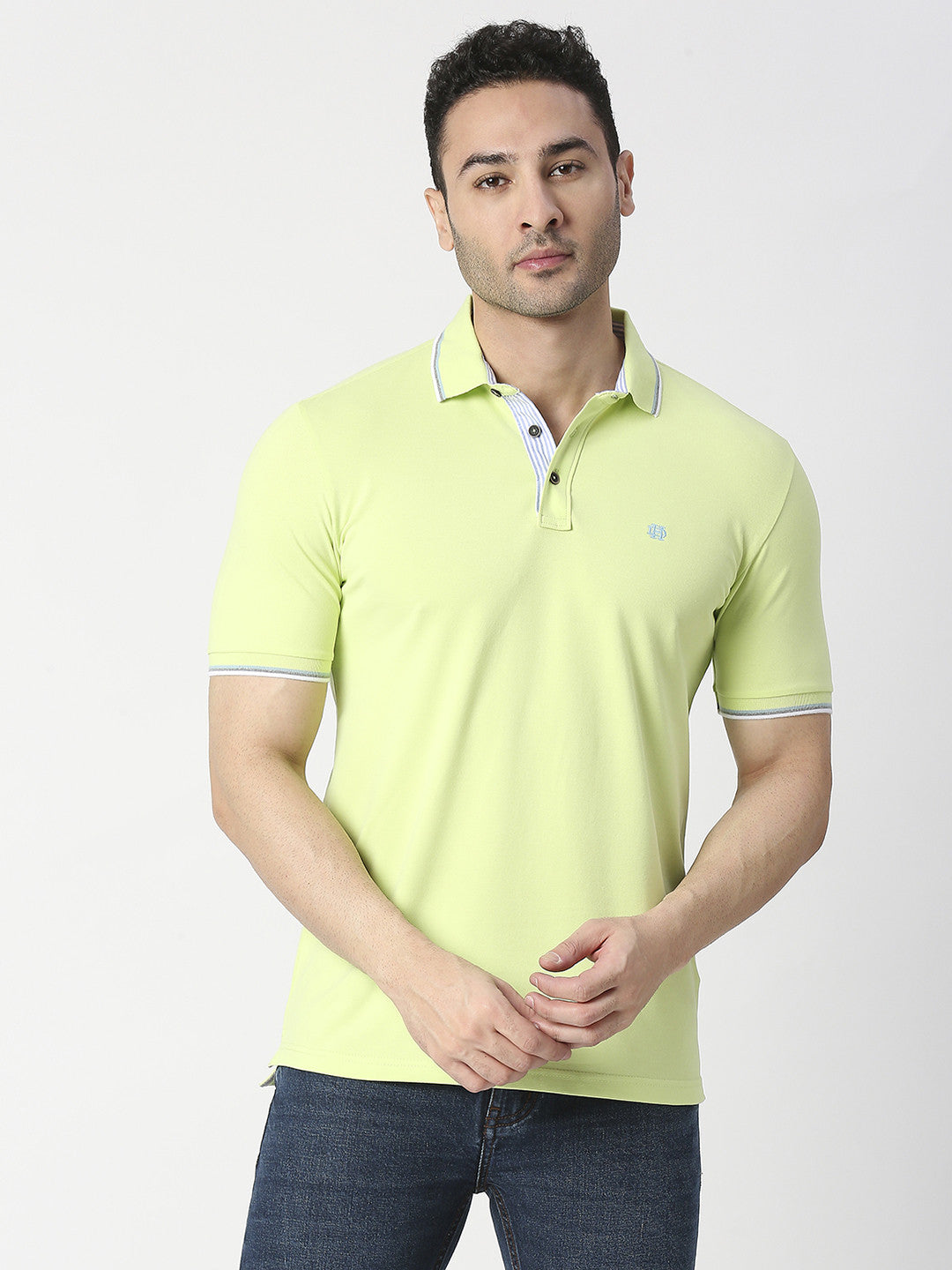 Lime Green Pique Lycra Polo T-shirt With Tipping Collar