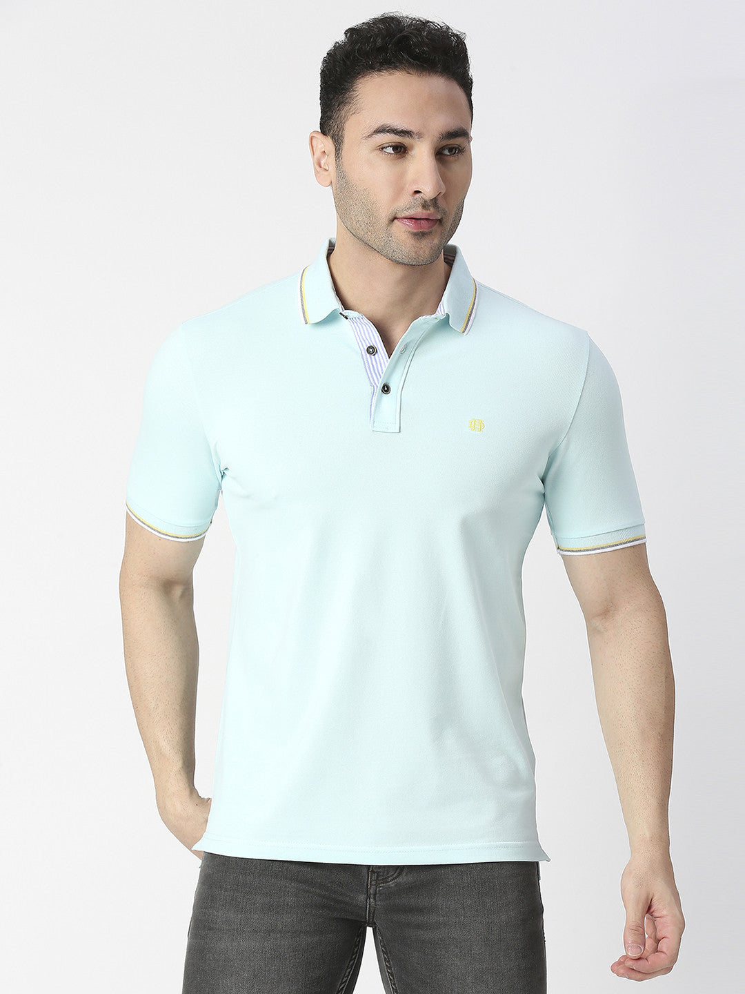 Mint Pique Lycra Polo T-shirt With Tipping Collar