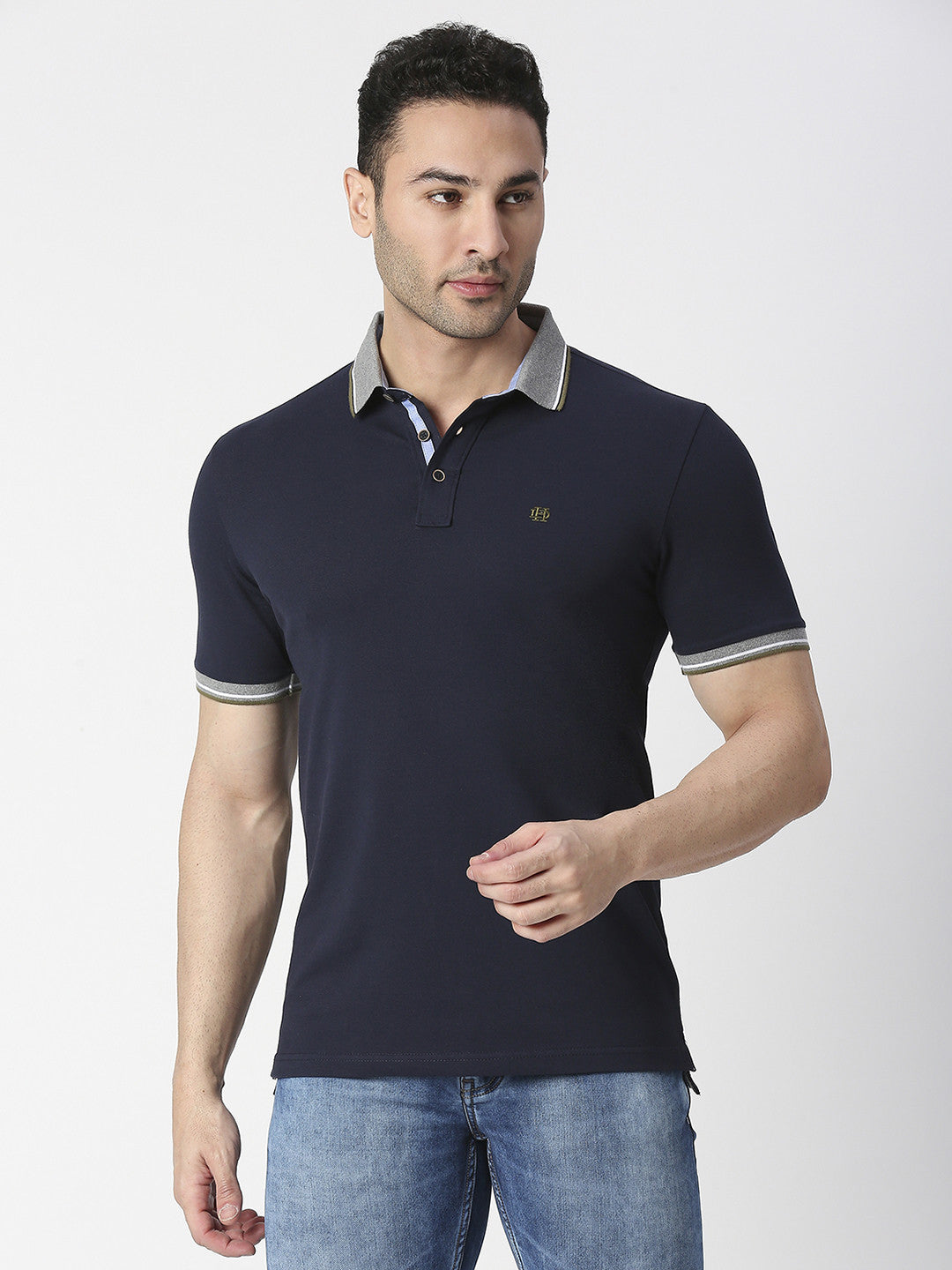 Navy Blue Pique Polo T-shirt With Contrast collar