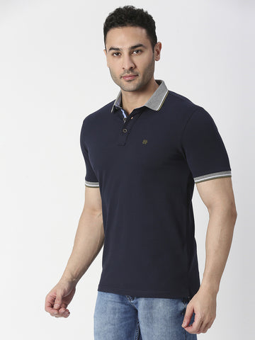 Navy Blue Pique Polo T-shirt With Contrast collar