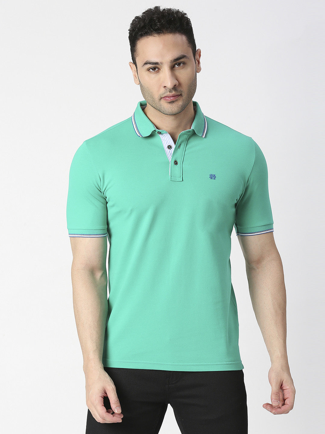 Green Pique Lycra Polo T-shirt With Tipping Collar