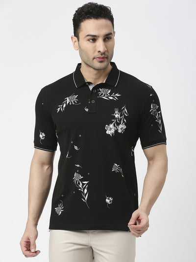 Black Pique Lycra All Over Printed T-shirt