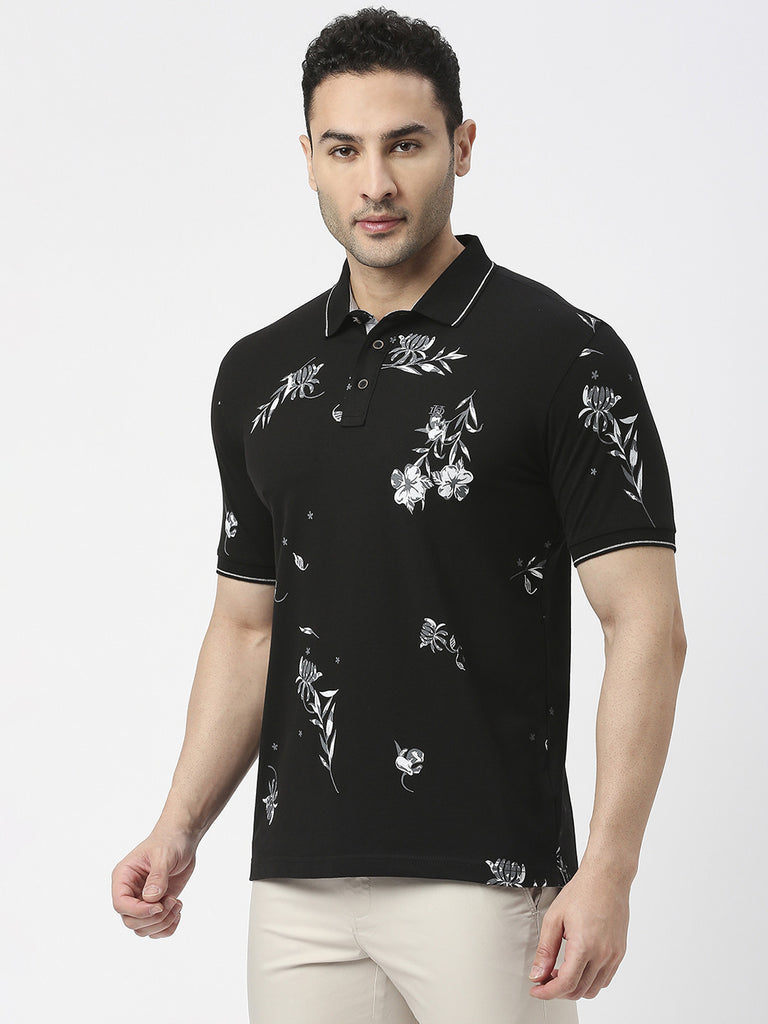 Black Pique Lycra All Over Printed T-shirt